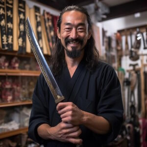 A collector holding a rare samurai sword