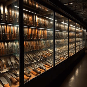 A large display case with a collection of many knives