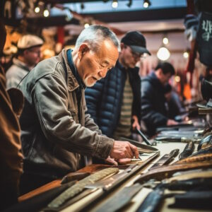 An old Chinese man appraising a knife